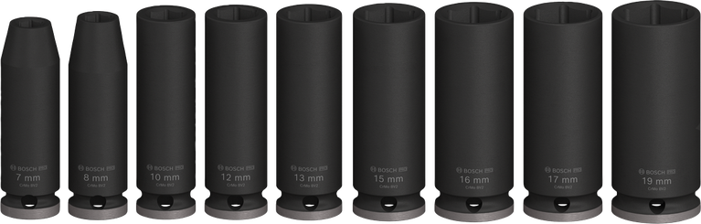 Jogo de soquetes de impacto Bosch PRO com 9 peças e 3/8 de polegada de profundidade.